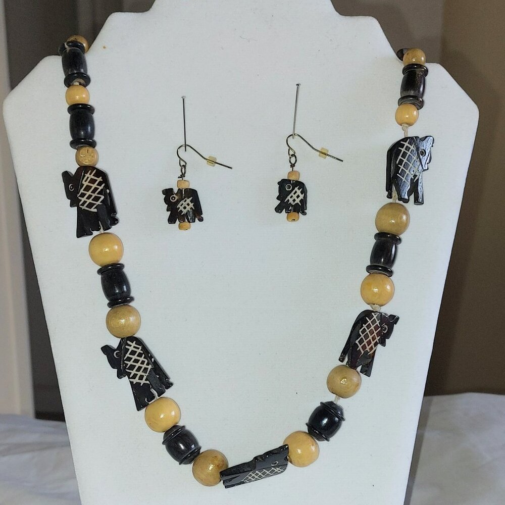 29" necklace and pierced earrings made from wooden beads